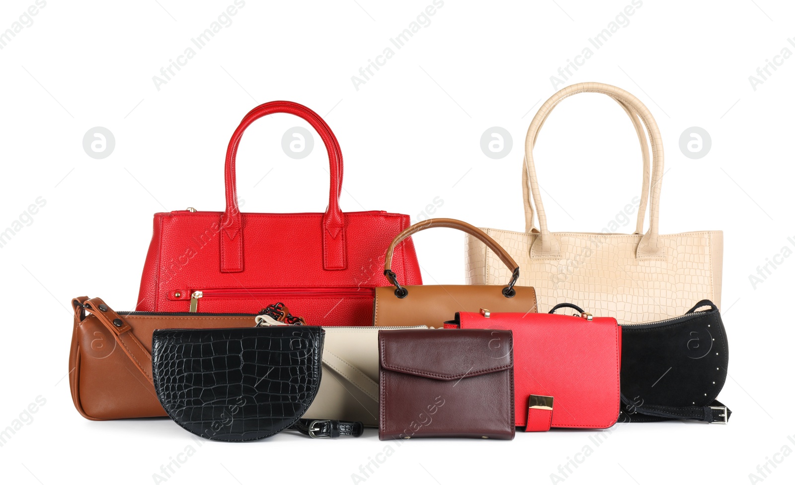 Photo of Collection of stylish women's bags on white background