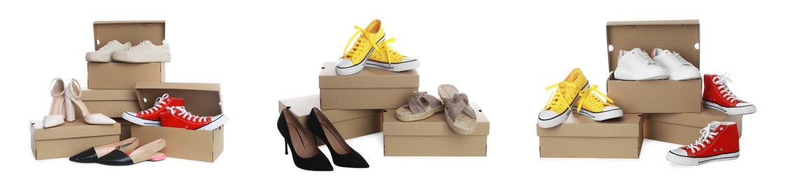 Image of Set with stylish shoes and cardboard boxes on white background. Banner design