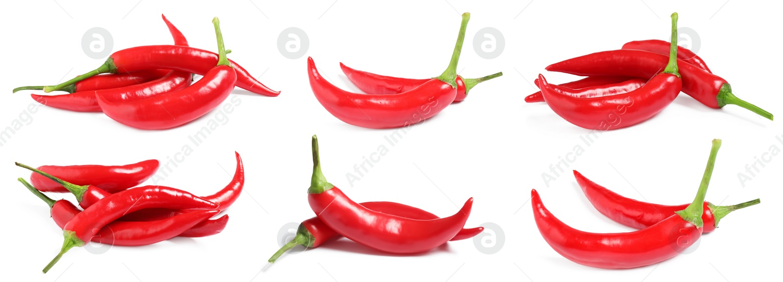 Image of Set with ripe red chili peppers on white background. Banner design