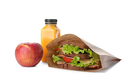 Photo of Healthy food on white background. School lunch