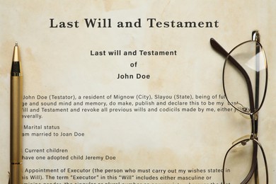 Photo of Last Will and Testament, glasses and pen, top view