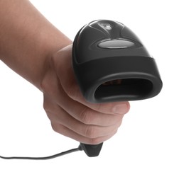 Man with barcode scanner on white background, closeup