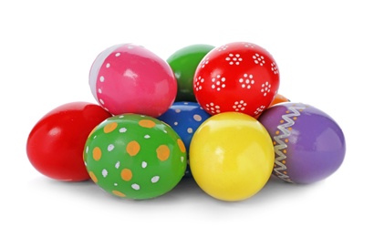 Photo of Decorated Easter eggs on white background. Festive tradition