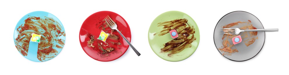 Top view of dirty plates with dishwasher detergent tablets and gel capsules on white background, collage. Banner design