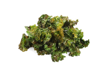 Photo of Tasty baked kale chips isolated on white