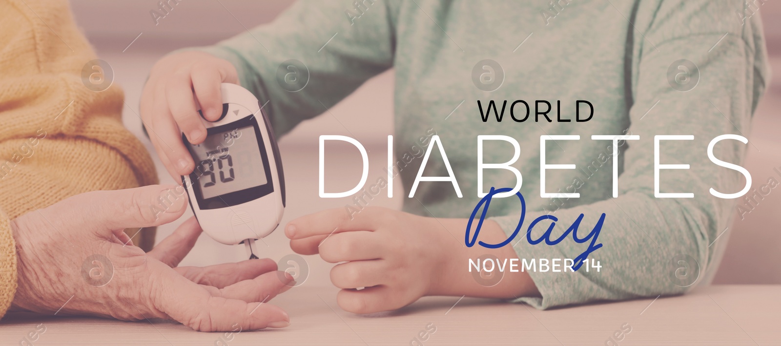 Image of World Diabetes Day. Grandson checking grandmother’s blood sugar level with digital glucometer at table, closeup. Banner design