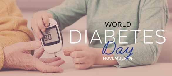 Image of World Diabetes Day. Grandson checking grandmother’s blood sugar level with digital glucometer at table, closeup. Banner design