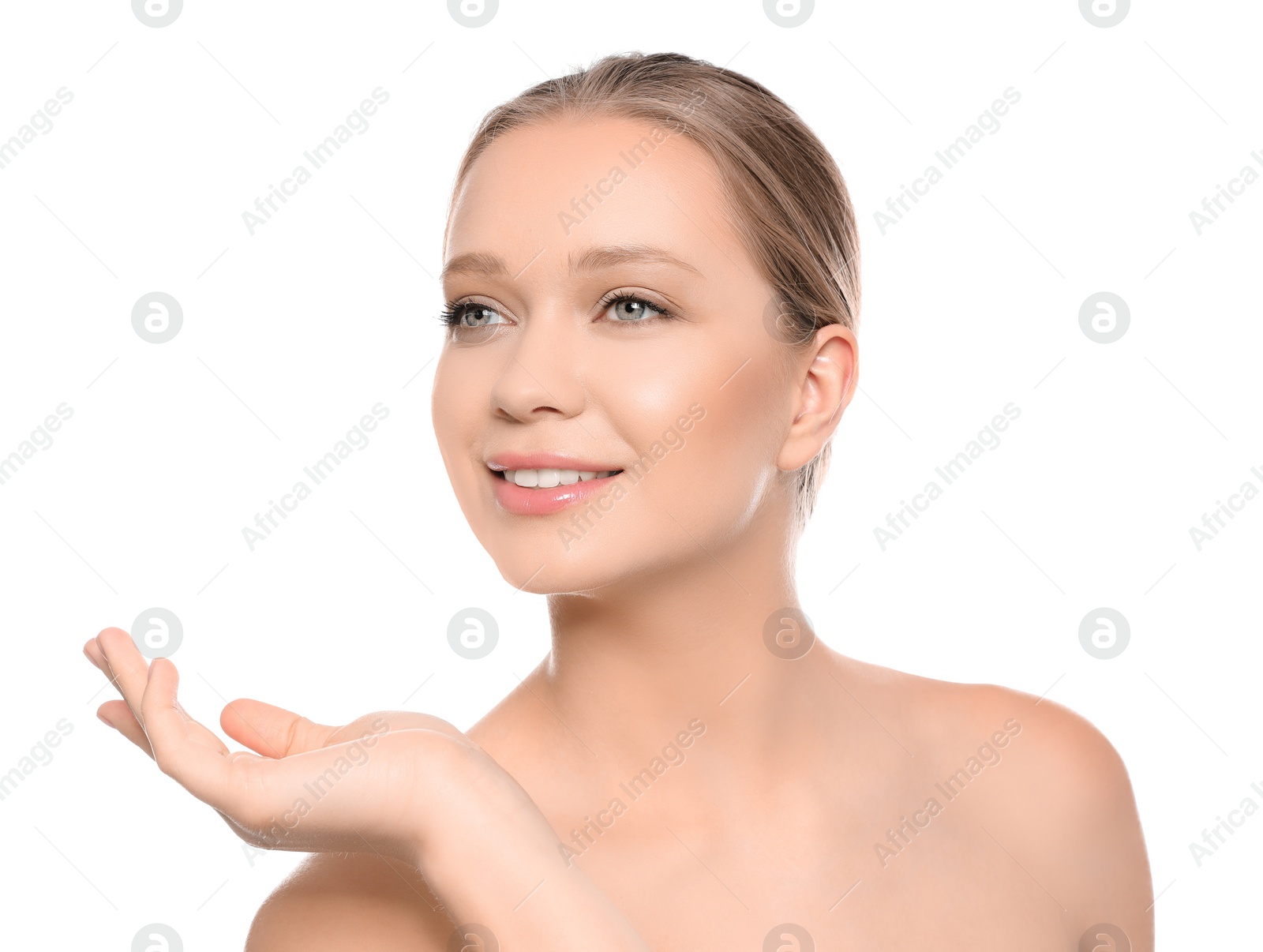 Photo of Portrait of young woman with beautiful face on white background