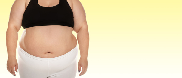 Image of Closeup view of overweight woman on color background, space for text. Banner design