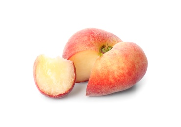 Cut fresh donut peach on white background