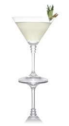 Photo of Glass of tasty martini with cucumber and rosemary on white background