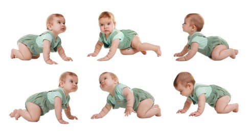 Image of Collage with photos cute little baby crawling on white background. Banner design