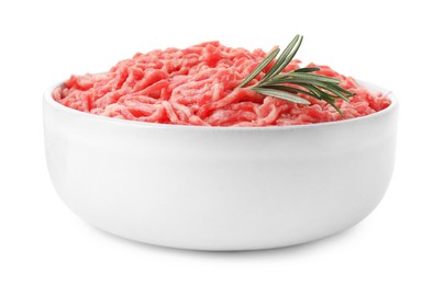 Photo of Raw ground meat and rosemary in bowl isolated on white