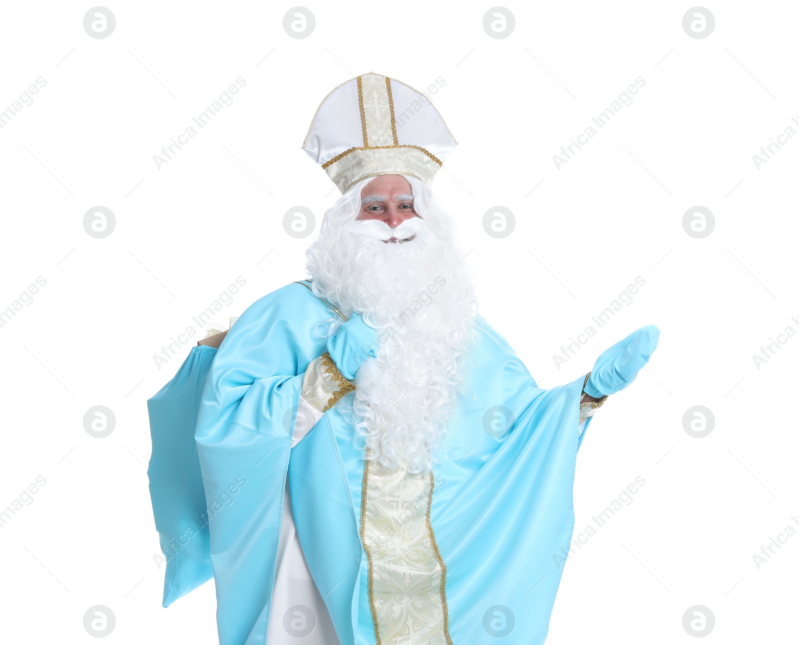 Photo of Portrait of Saint Nicholas holding sack with presents on white background