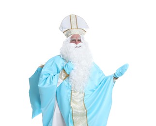 Photo of Portrait of Saint Nicholas holding sack with presents on white background