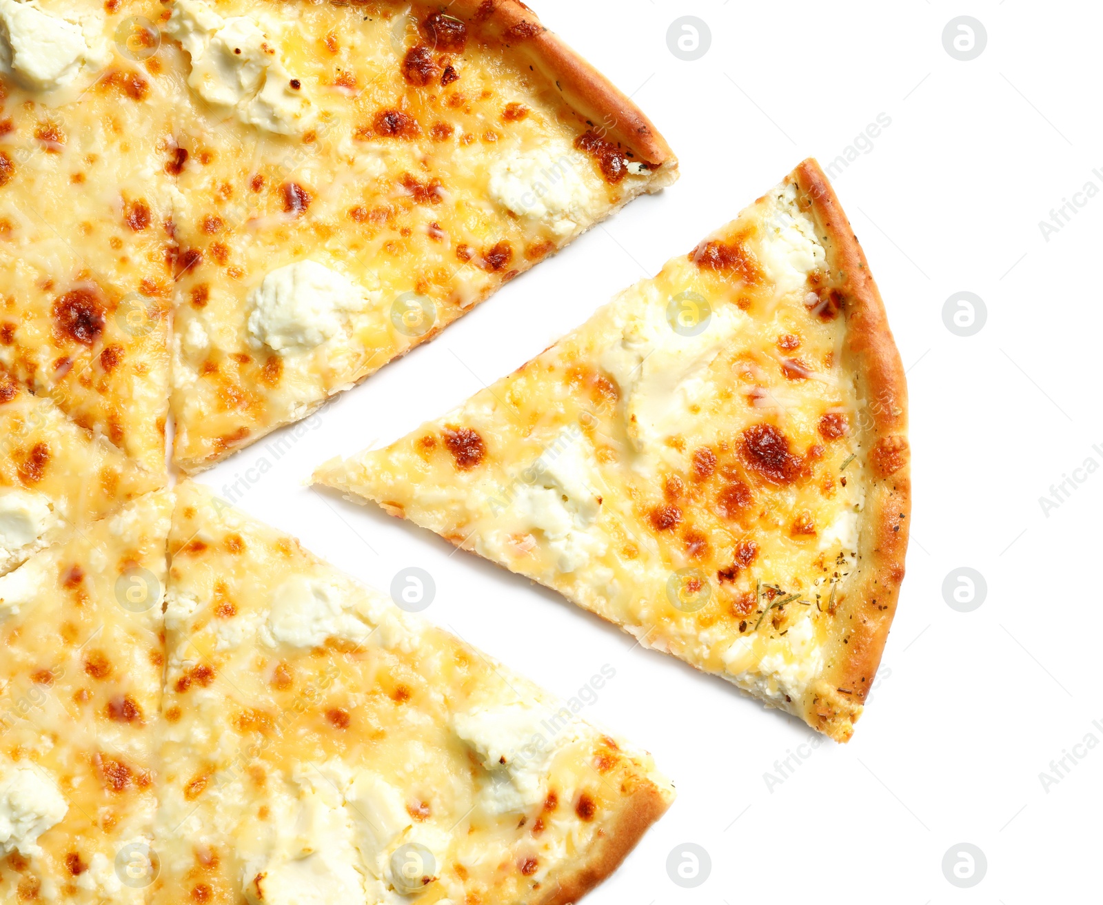 Photo of Tasty hot cheese pizza on white background