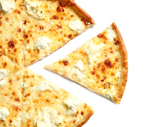 Photo of Tasty hot cheese pizza on white background