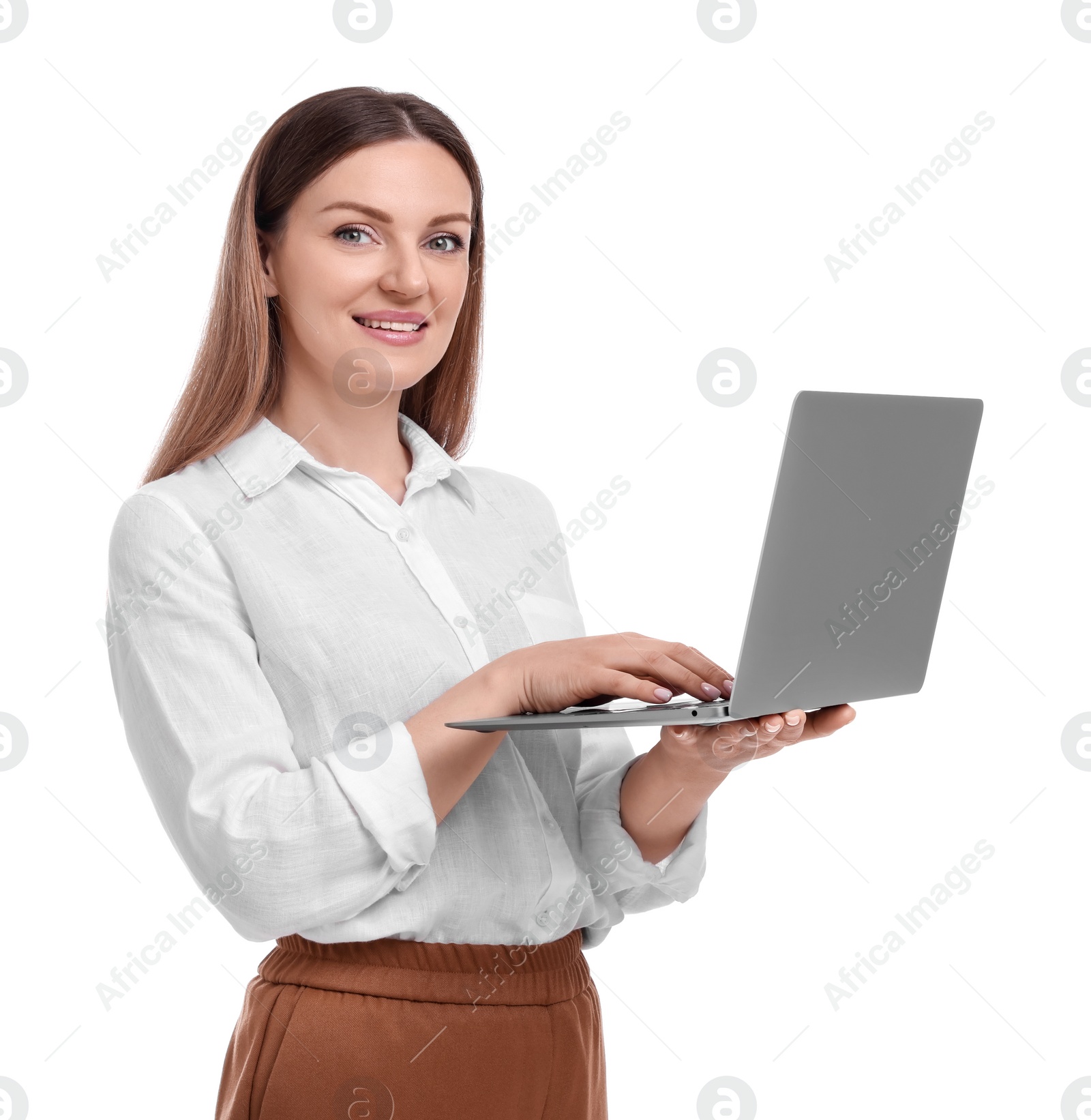 Photo of Beautiful businesswoman with laptop on white background