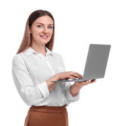 Beautiful businesswoman with laptop on white background