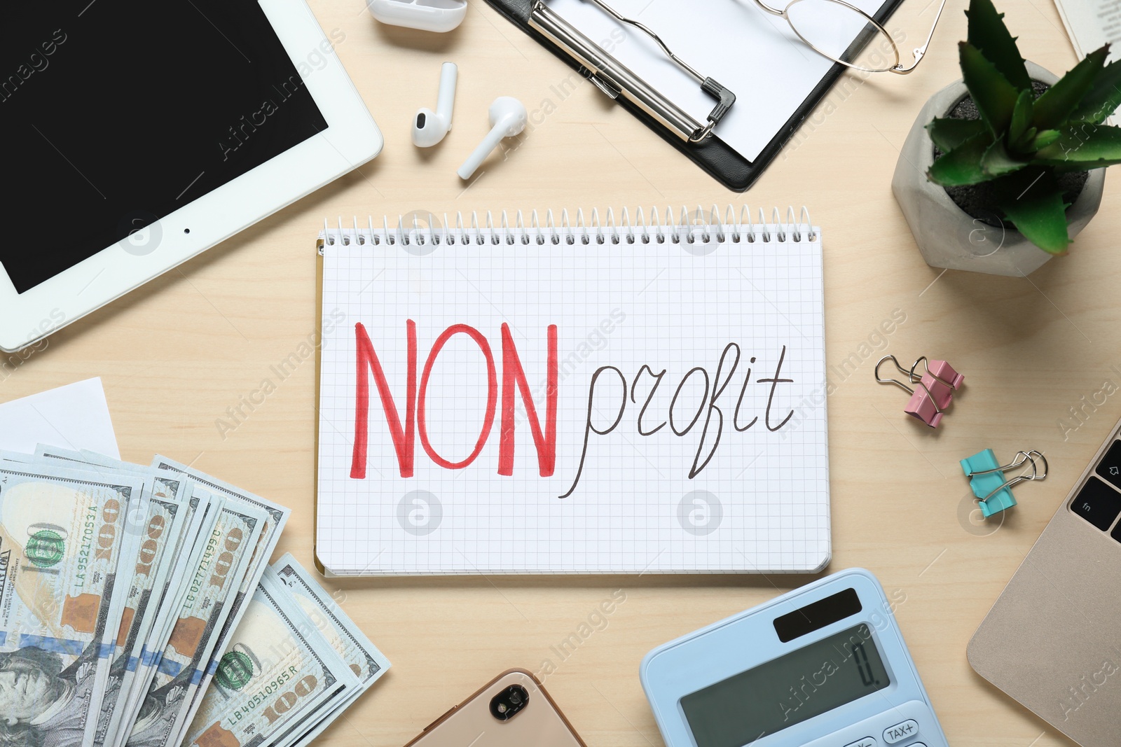 Photo of Non profit. Flat lay composition with notebook, houseplant and money on wooden table