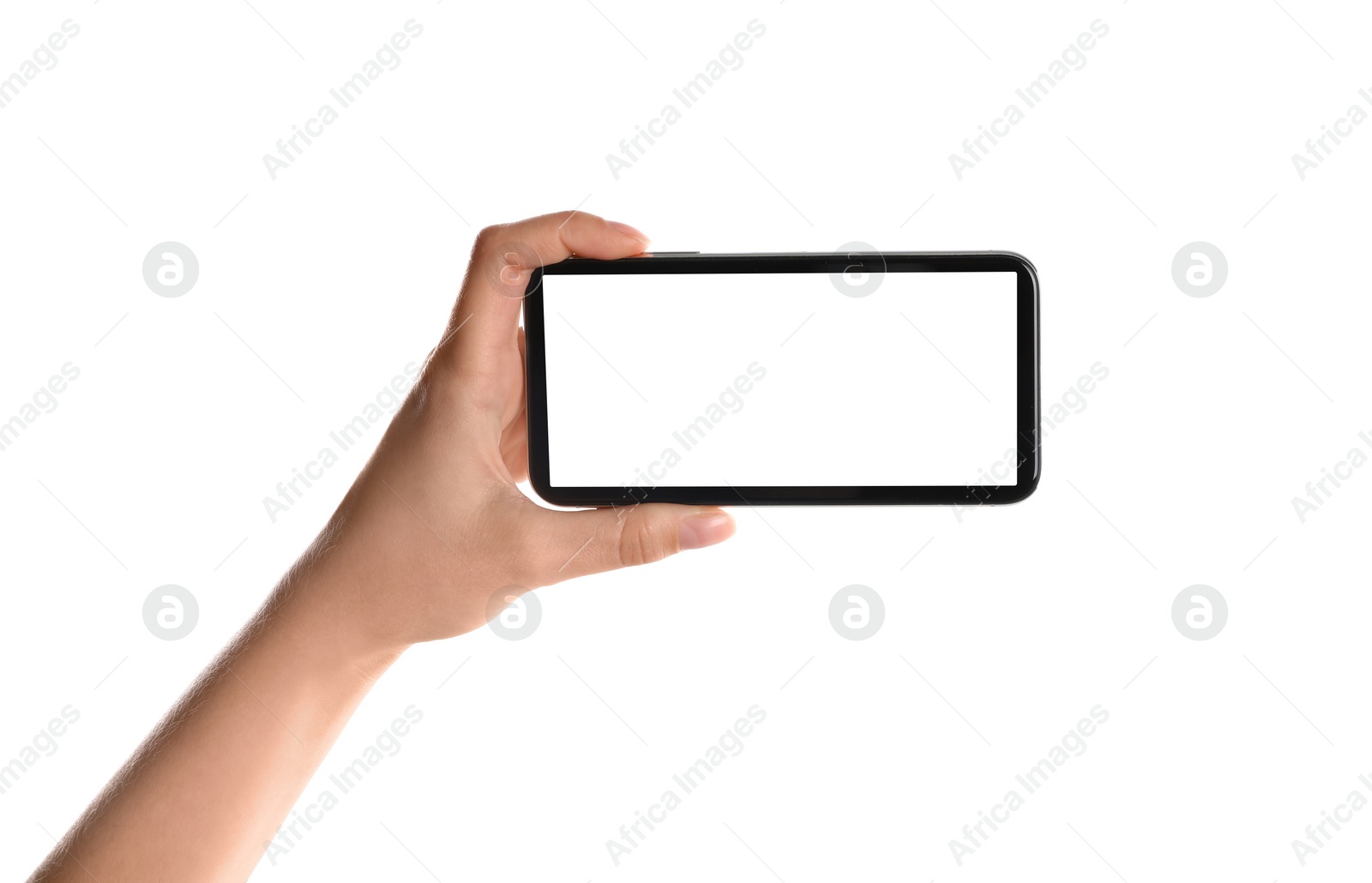 Photo of Woman holding smartphone with blank screen on white background, closeup of hand. Space for text