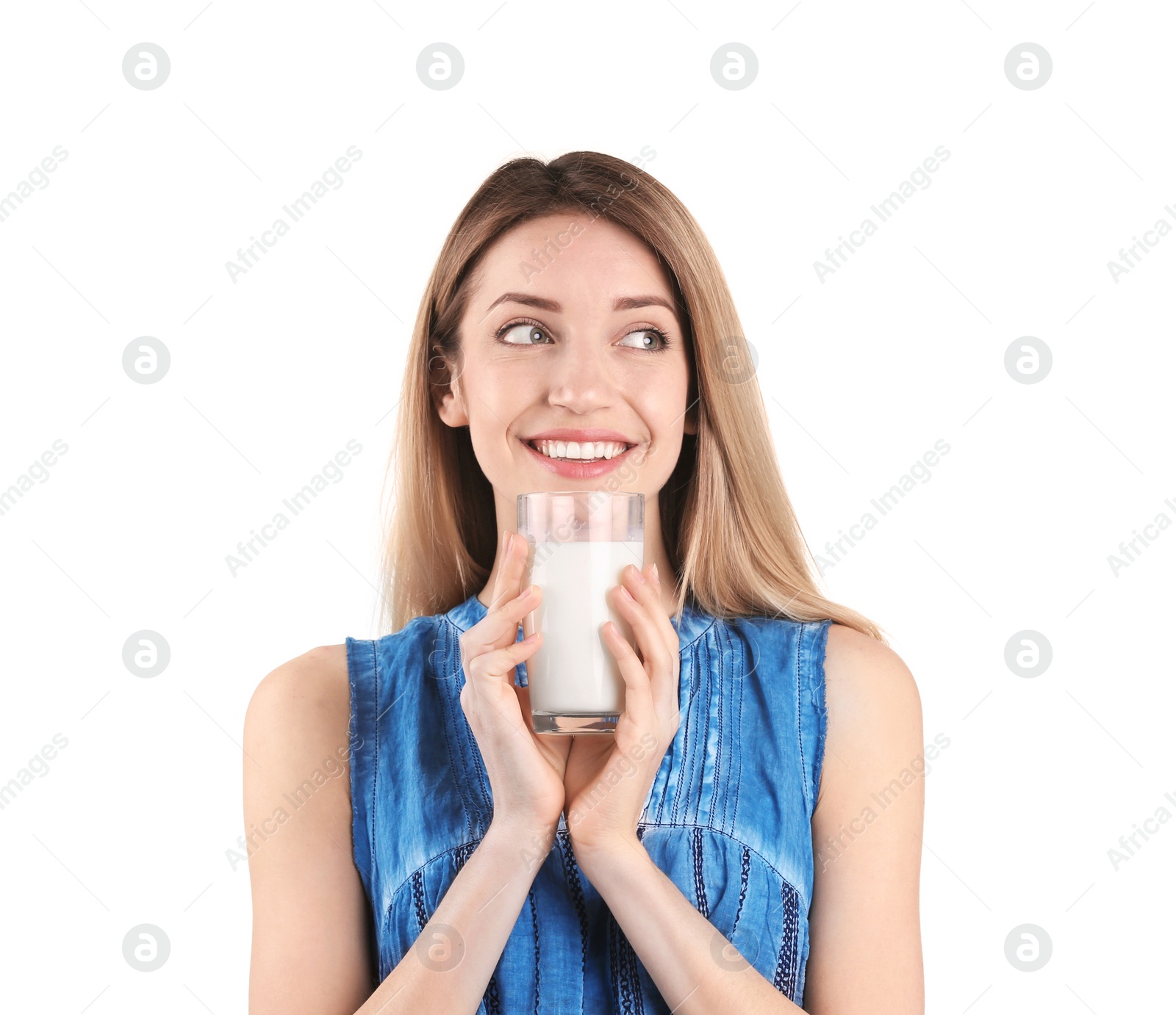 Photo of Beautiful young woman drinking milk on white background