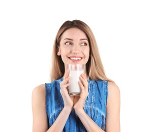 Photo of Beautiful young woman drinking milk on white background