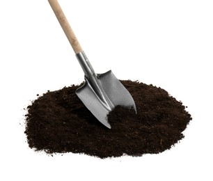 Photo of Shovel and pile of soil isolated on white