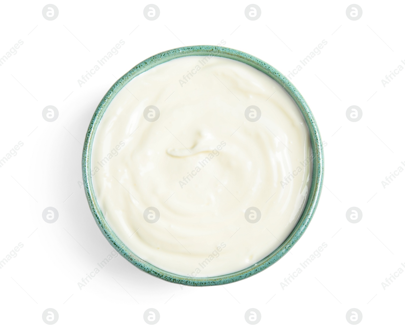 Photo of Bowl with creamy yogurt on white background, top view