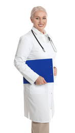 Mature doctor with clipboard on white background