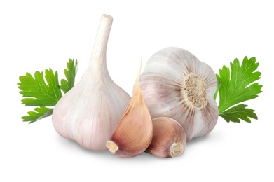 Image of Fresh garlic with parsley on white background