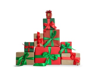 Photo of Different Christmas gift boxes on white background