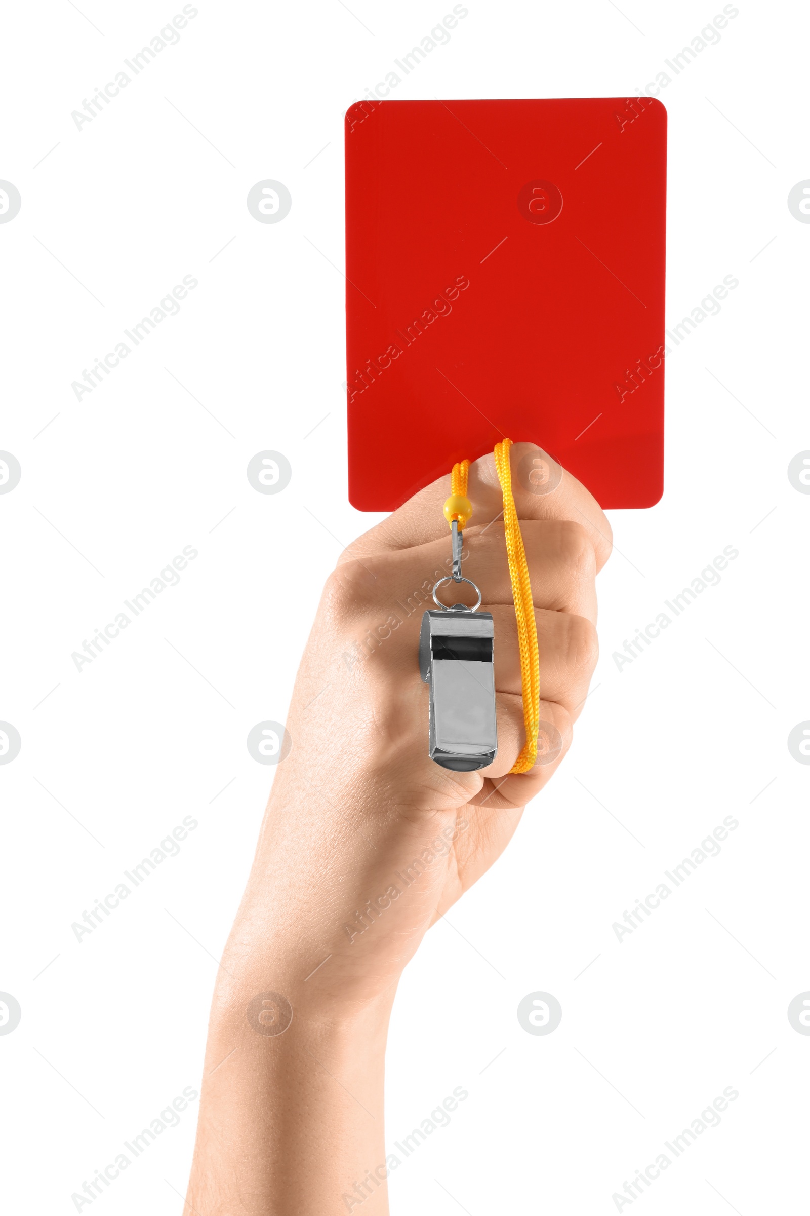 Photo of Referee holding red card and whistle on white background, closeup