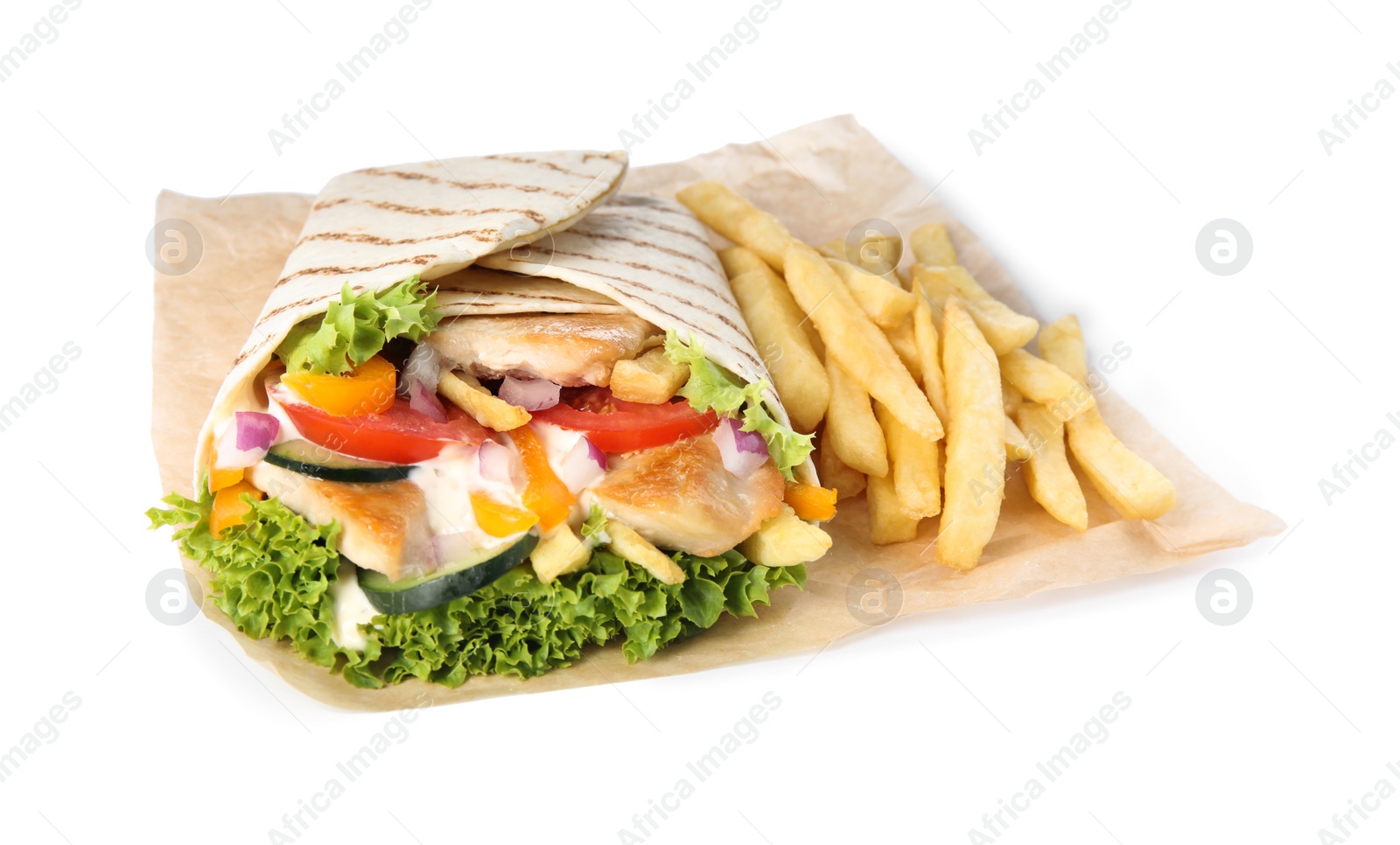 Photo of Delicious chicken shawarma and French fries on white background