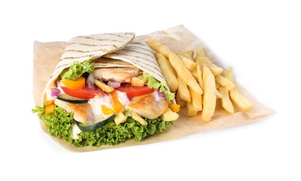 Delicious chicken shawarma and French fries on white background
