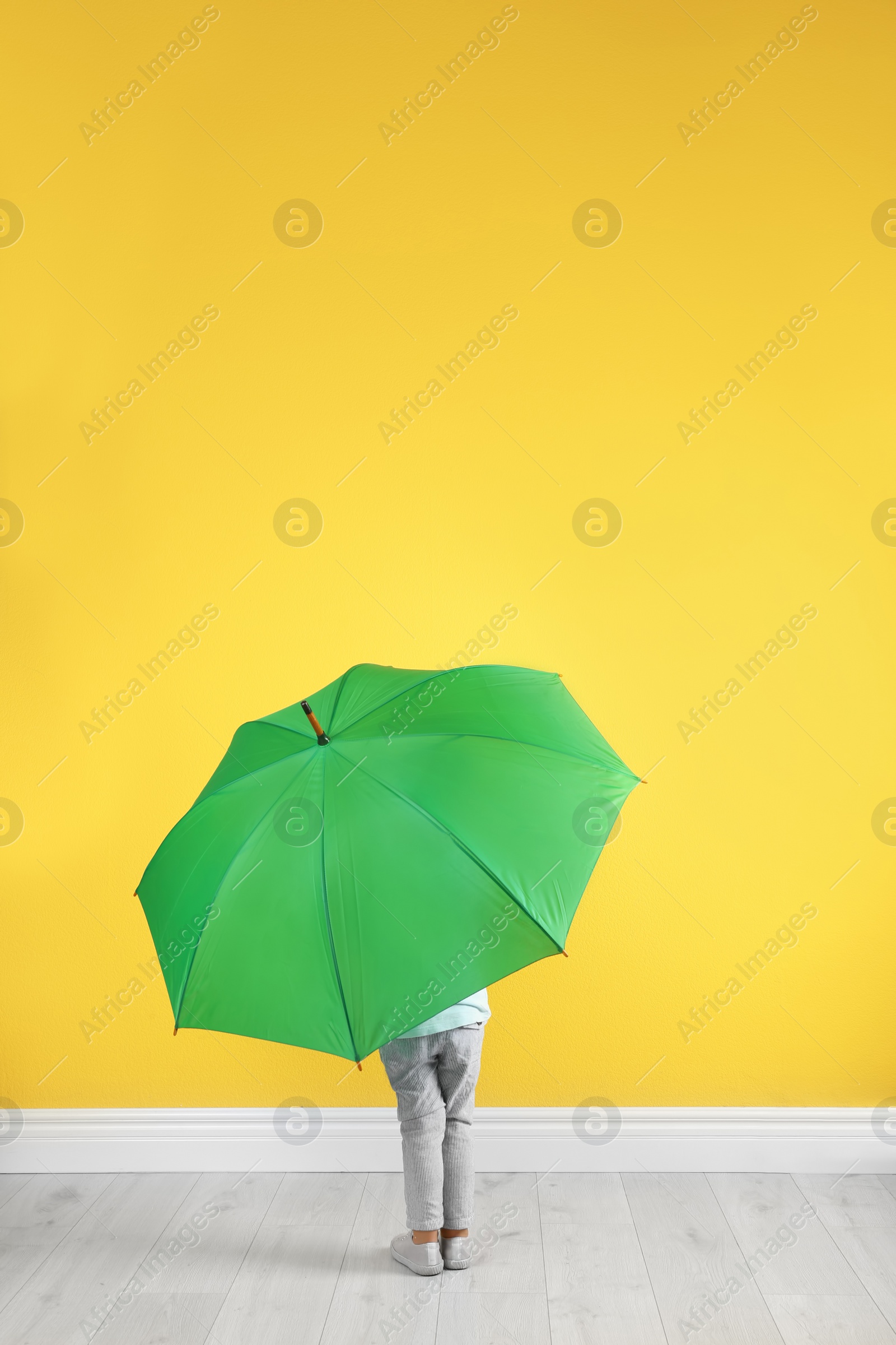 Photo of Little girl with green umbrella near color wall. Space for text