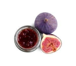 Glass jar of tasty sweet fig jam isolated on white, top view