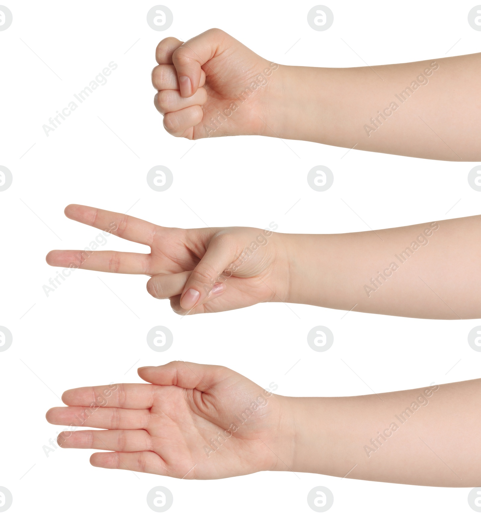 Image of People playing rock, paper and scissors on white background, closeup