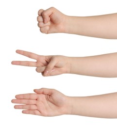 People playing rock, paper and scissors on white background, closeup