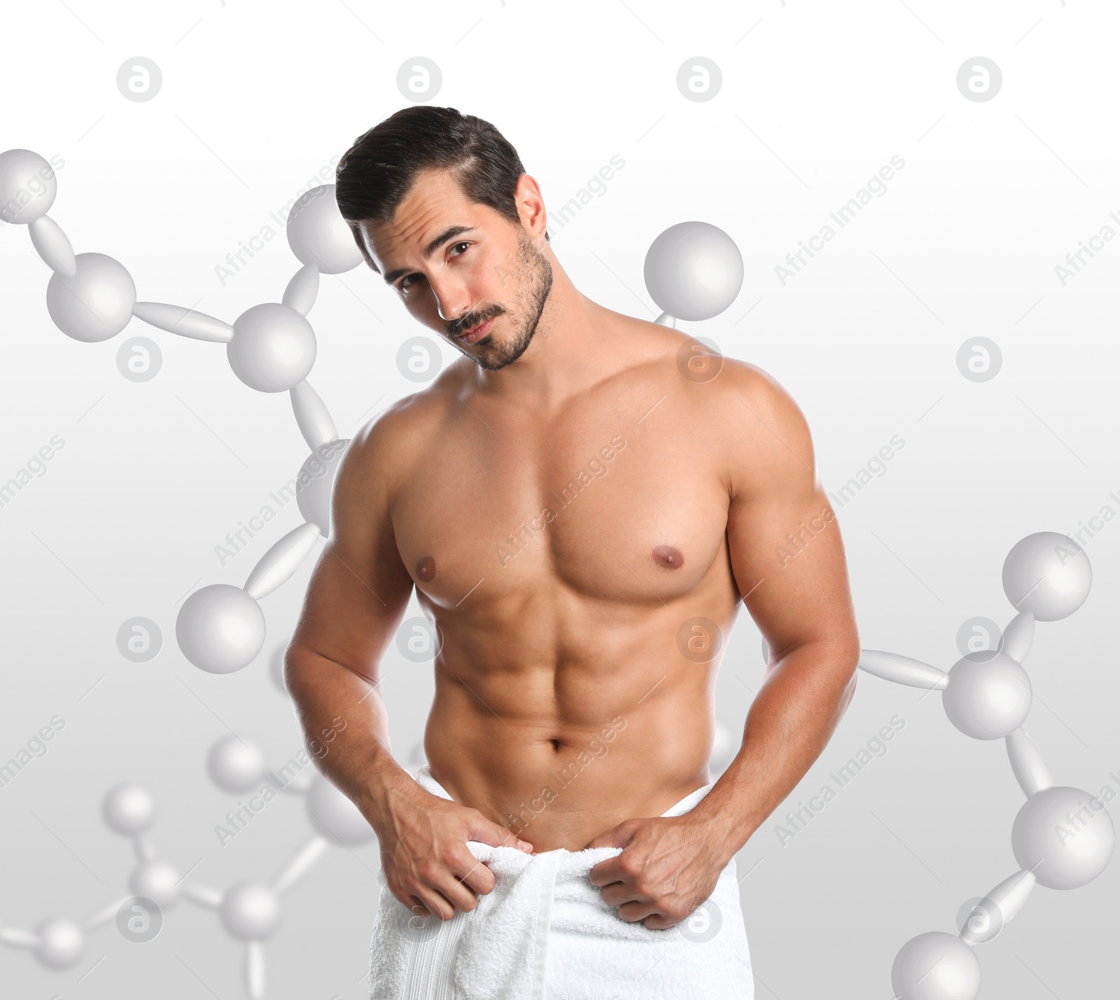 Image of Metabolism concept. Man with slim body and molecular chains on light background