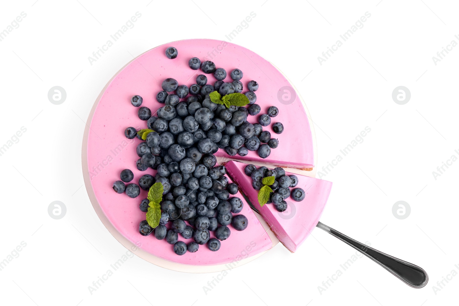 Photo of Cut tasty blueberry cake and shovel on white background, top view