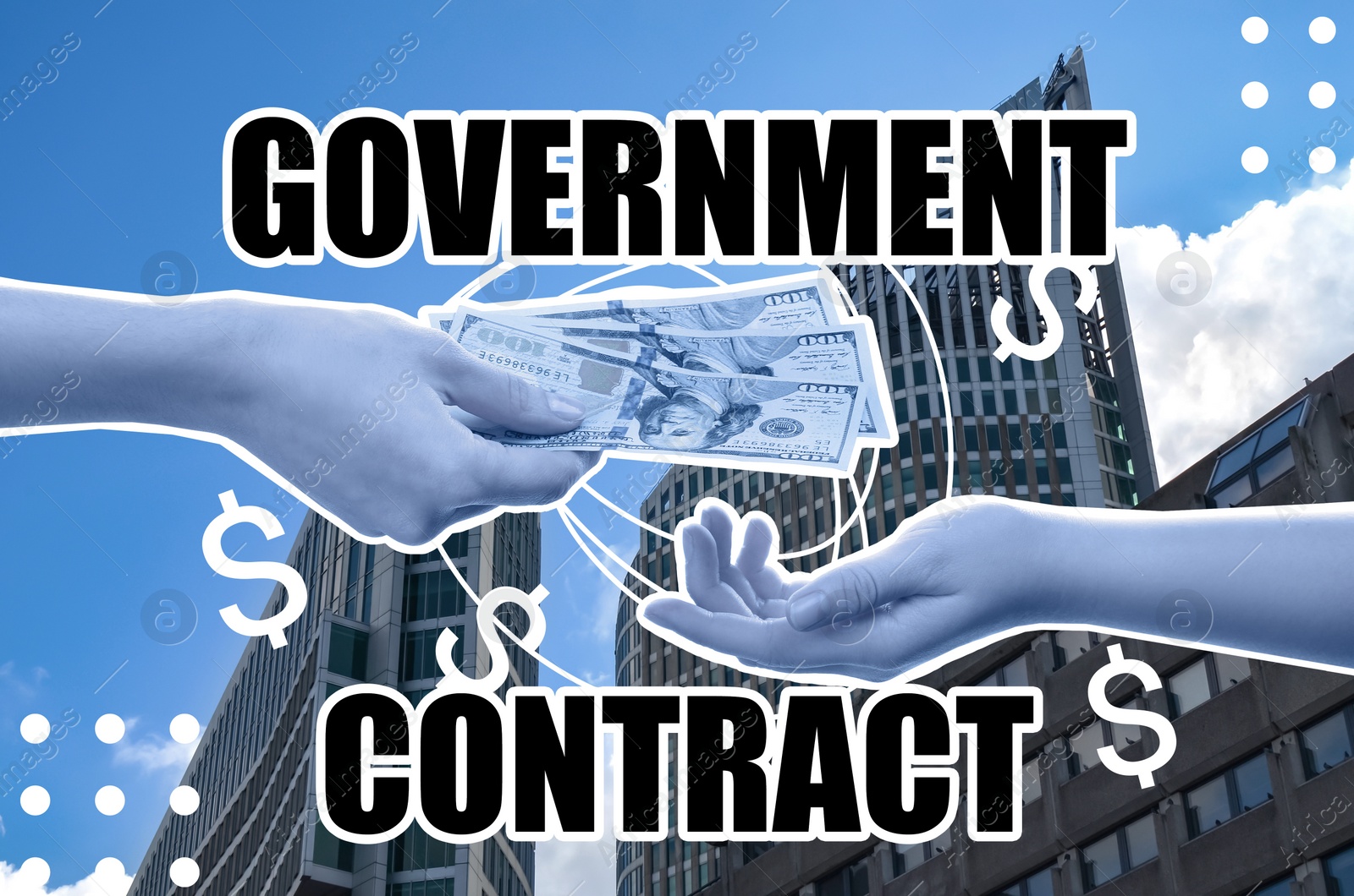 Image of Government contract. Collage with photo of woman giving dollars and buildings