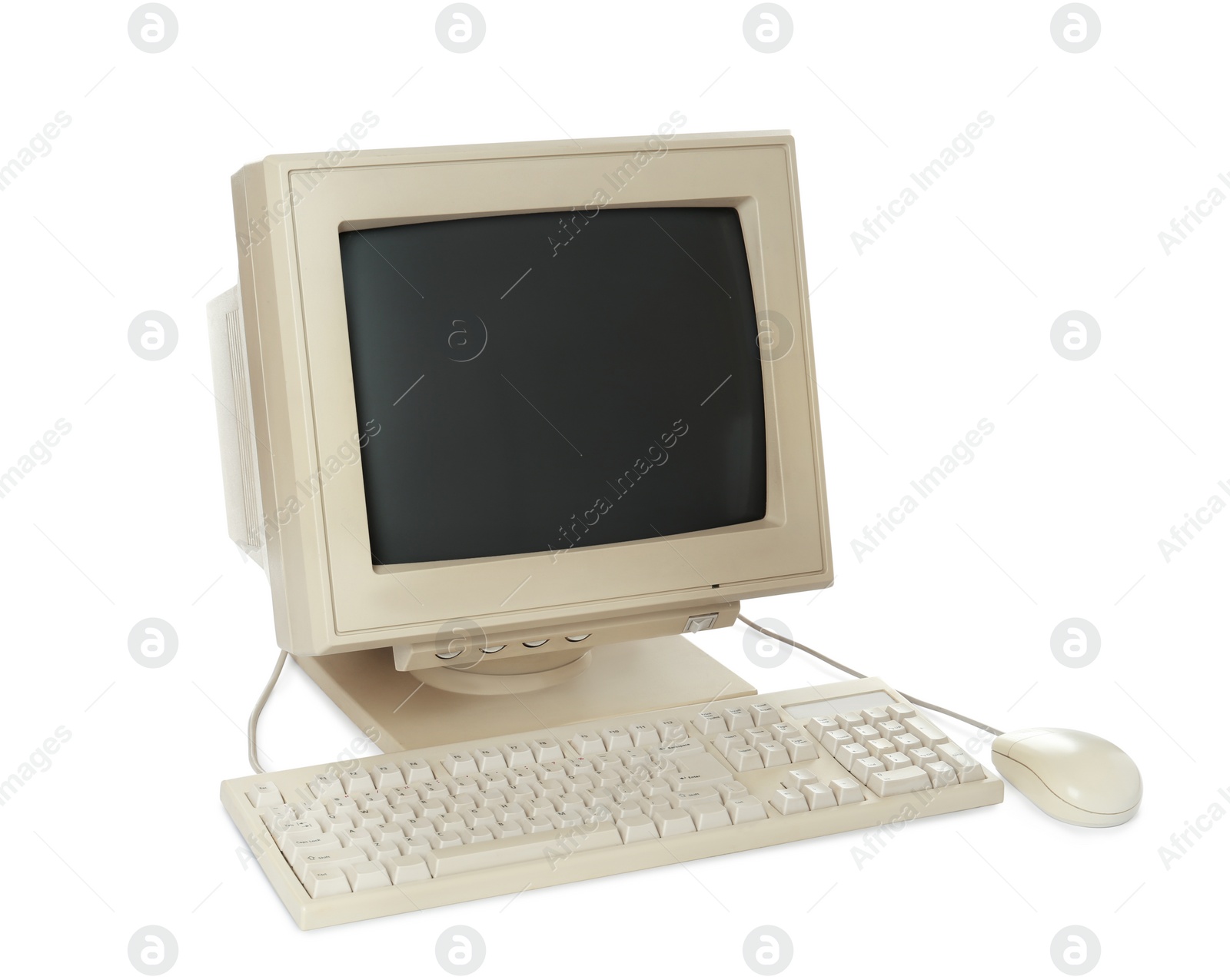 Photo of Old computer monitor, keyboard and mouse on white background