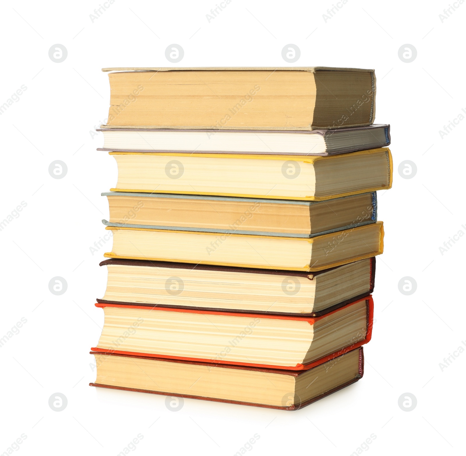 Photo of Stack of library books on white background