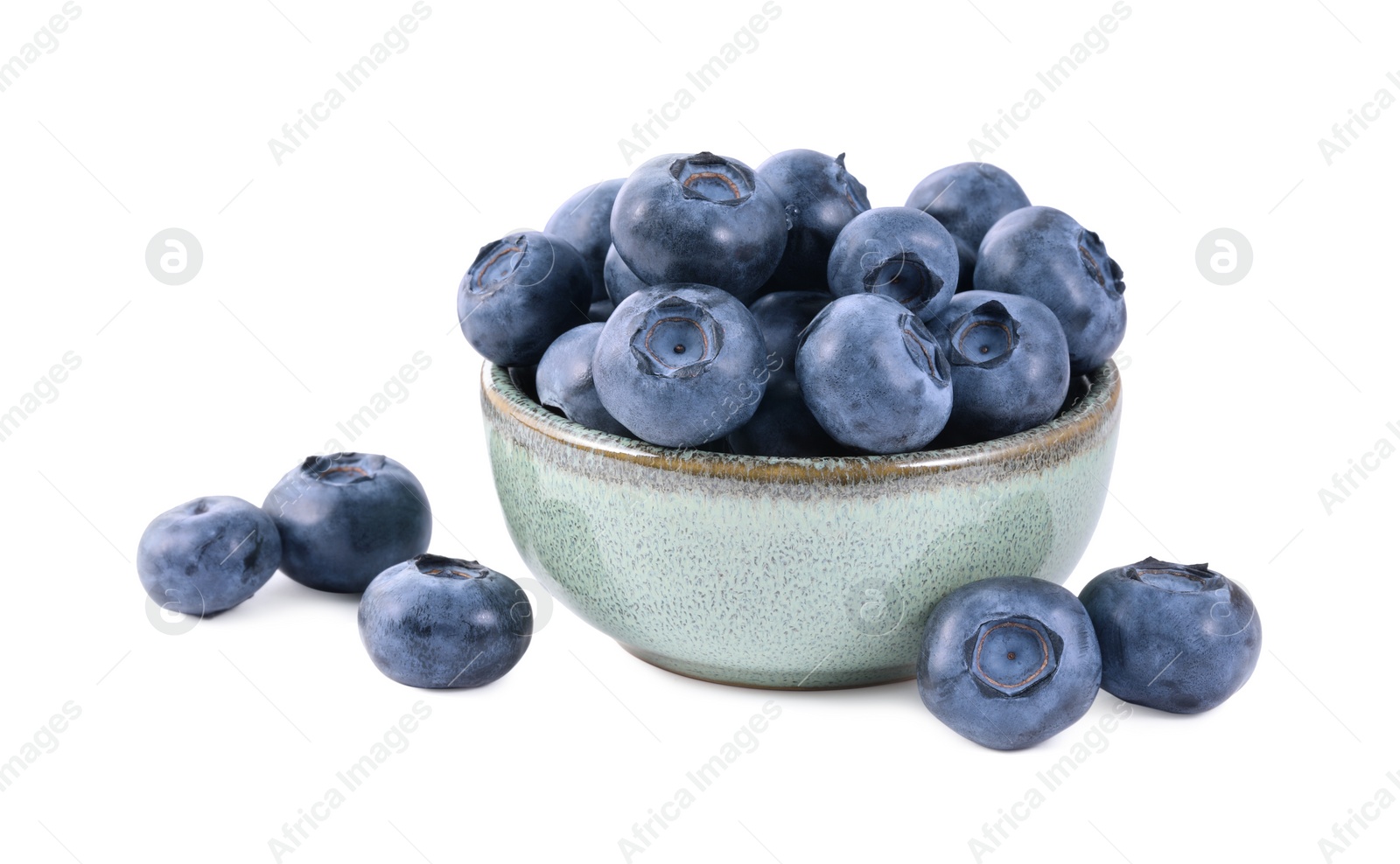 Photo of Fresh ripe blueberries in bowl isolated on white