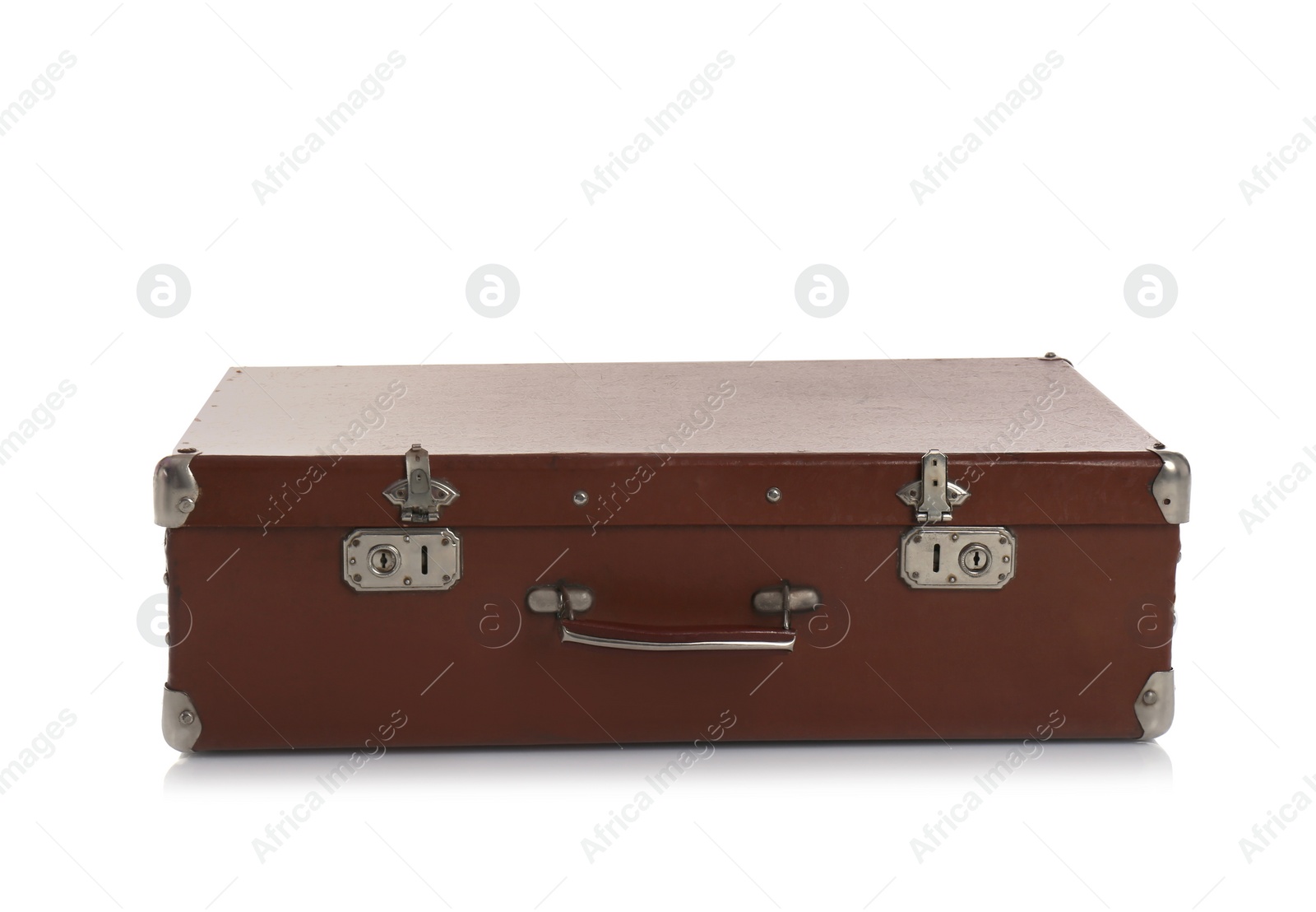 Photo of Classic brown suitcase on white background