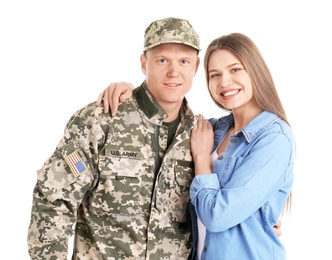 Photo of Male soldier with his wife on white background. Military service