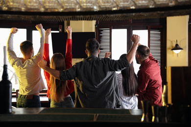 Group of friends watching football in sport bar, back view