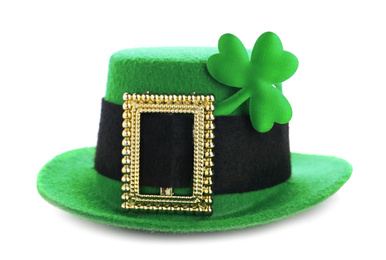 Photo of Green leprechaun hat with clover leaf isolated on white. St. Patrick's Day celebration