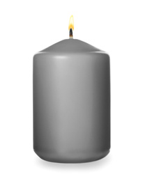 Photo of Grey candle with wick isolated on white